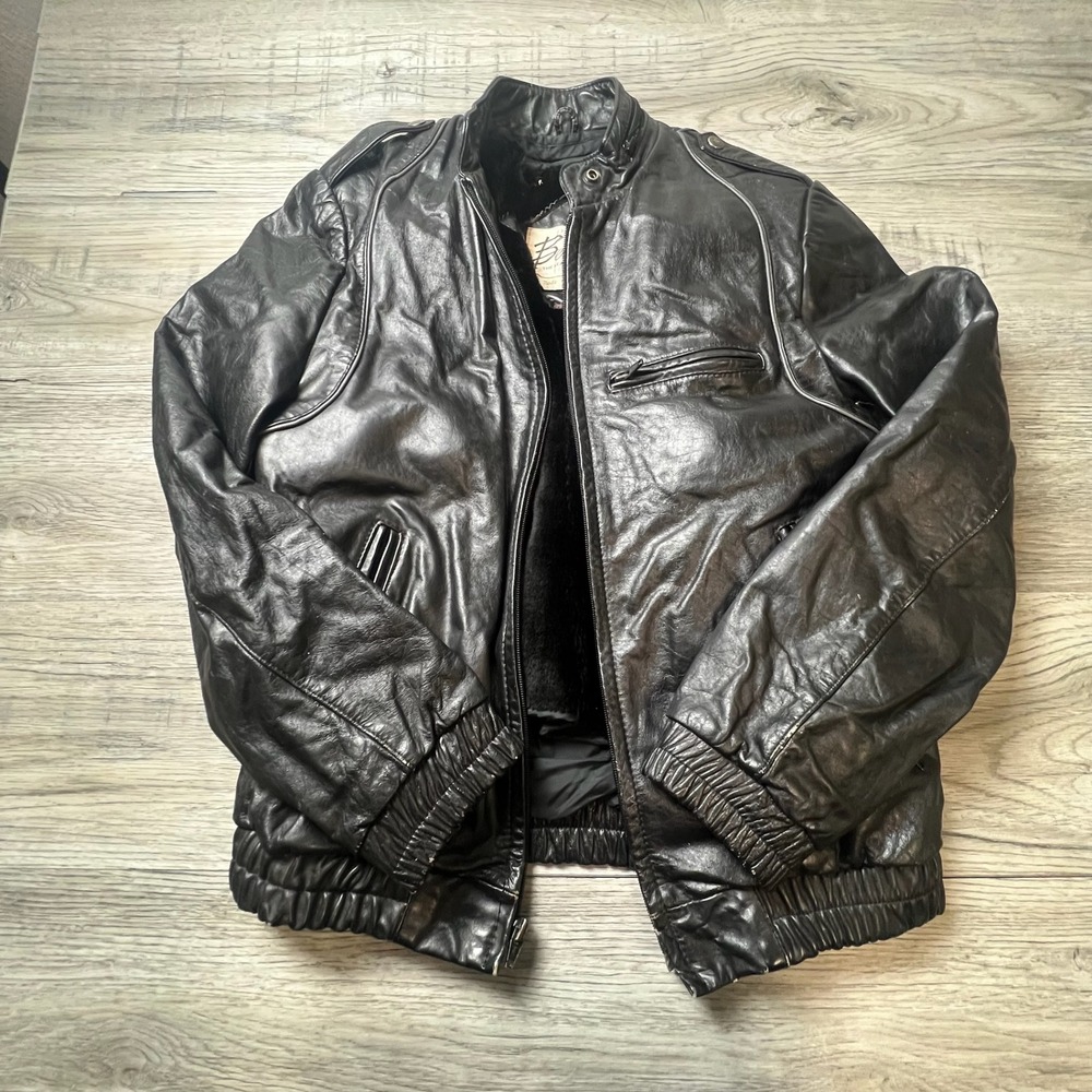Berman's Leather Bomber Jacket Mens 36 Black Vintage Faux Fur Lined Aviator Moto